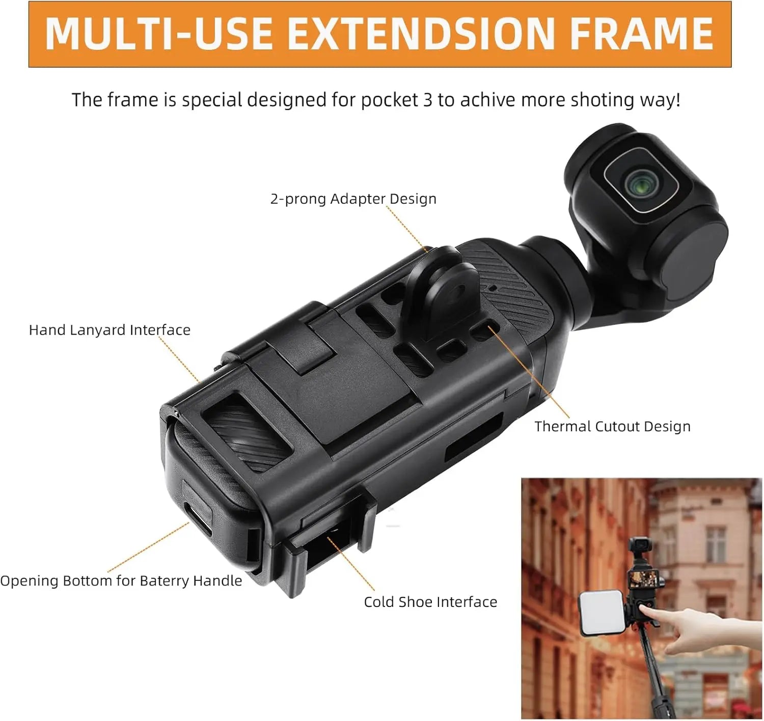 DJI Osmo Pocket 3/4 Extension Bracket Frame + Cold Shoe