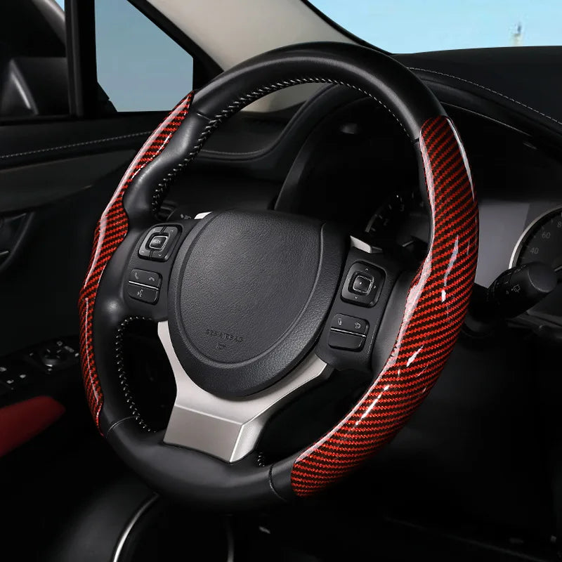 36cm Carbon Fiber Car Steering Wheel Cover Non-slip Sports Ultra-thin Card Cover Summer Auto Handle Protective Cover Type D Oasis Select Red
