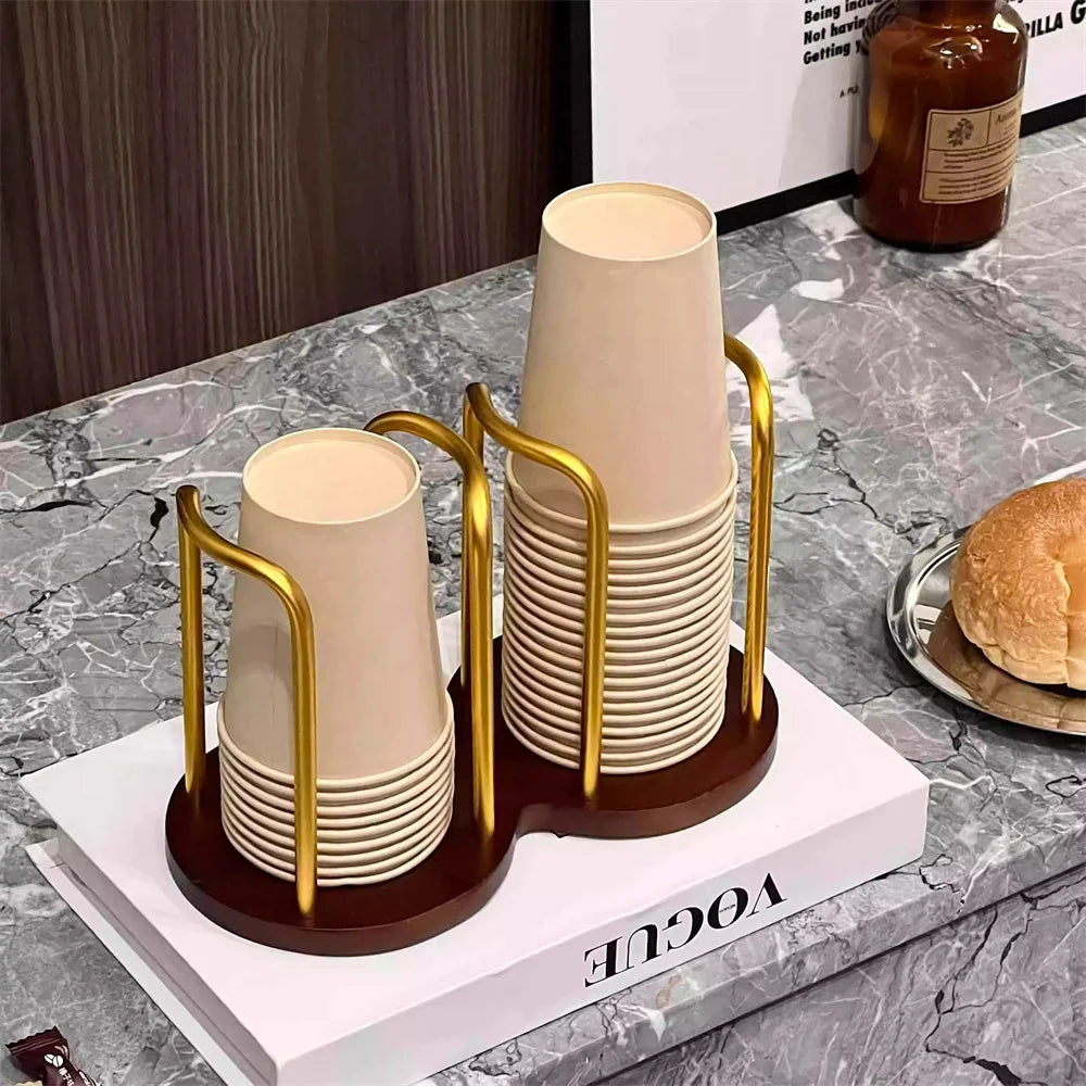 Disposable Cup Storage Holder Rack Shelf Water Tea Cups Wood Dispenser with Longer Stick Mug Display Stand Organizer Supplies Oasis Select Gold-Style B