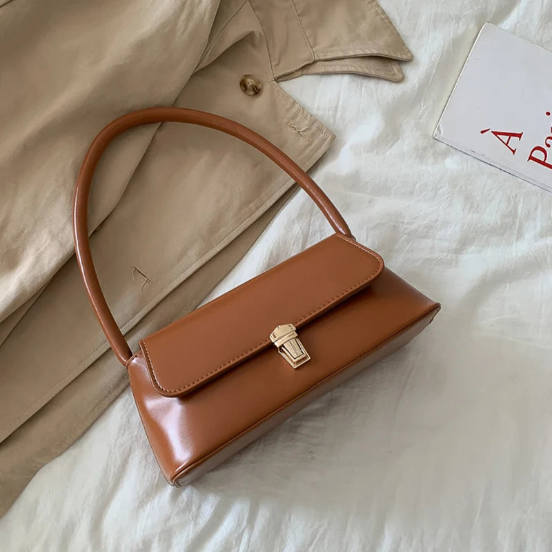 Khaki PU Leather Shoulder Bag – Women's Casual Tote Purse