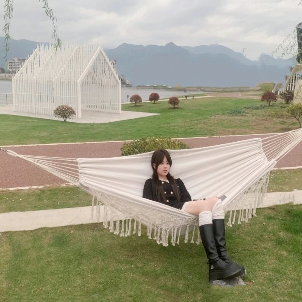 Large Double Deluxe Hammock Boho Style with Woven Tassels 2 Person Hammock Thickened Hanging Bed Canvas Swing Chair Bedroom Oasis Select