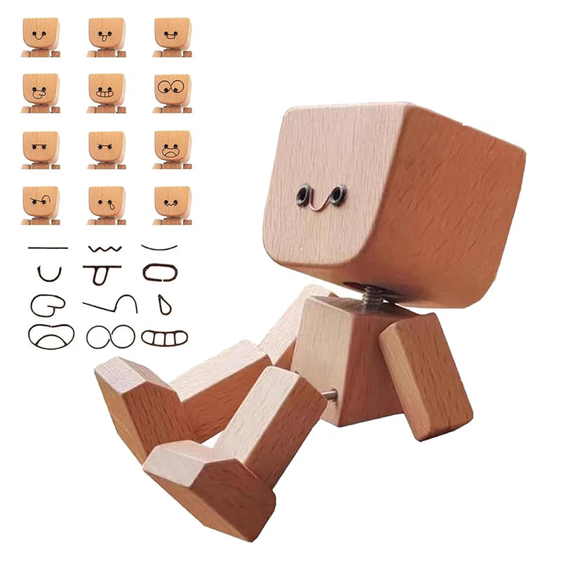 Shaking Wooden Man Figurine With 12 PCS Magnetic Expressions Handmade Shaking Feet Wooden Car Dashboard Decorations Creative Oasis Select Default Title