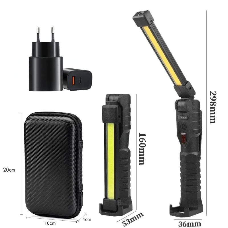 Portable COB High Power LED Flashlight USB Rechargeable Camping Lamp Torch Car Repairing Work Light Hanging Hook Magnet 5 Modes Oasis Select Black Set A Built in battery