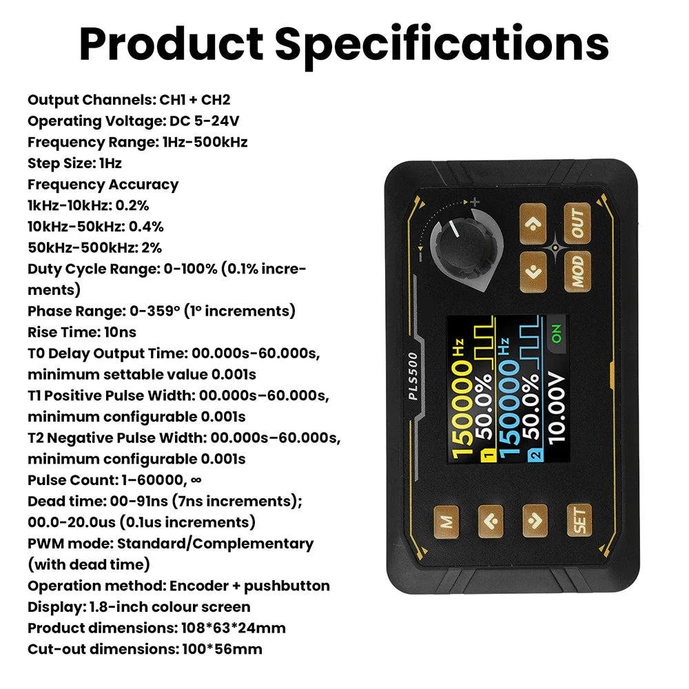 DC5-24V PLS500 Dual Channel Pulse PWM Signal Generator 1Hz~500kHz with Adjustable Dead Time and Programmable Support Switching Oasis Select