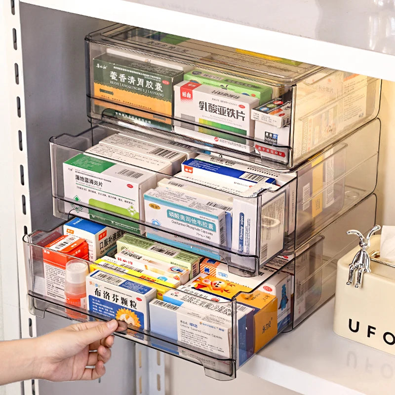 1pc gray drawer acrylic medicine storage box, large capacity stackable medicine sorting box, pull-out medicine box Oasis Select