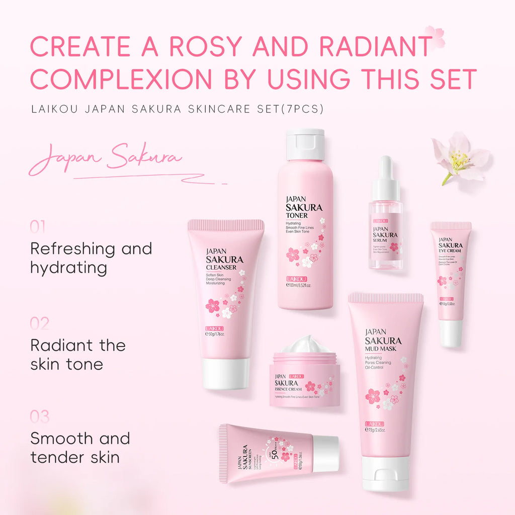LAIKOU Sakura 7-Piece Skincare Set – Hydrate, Brighten & SPF 50