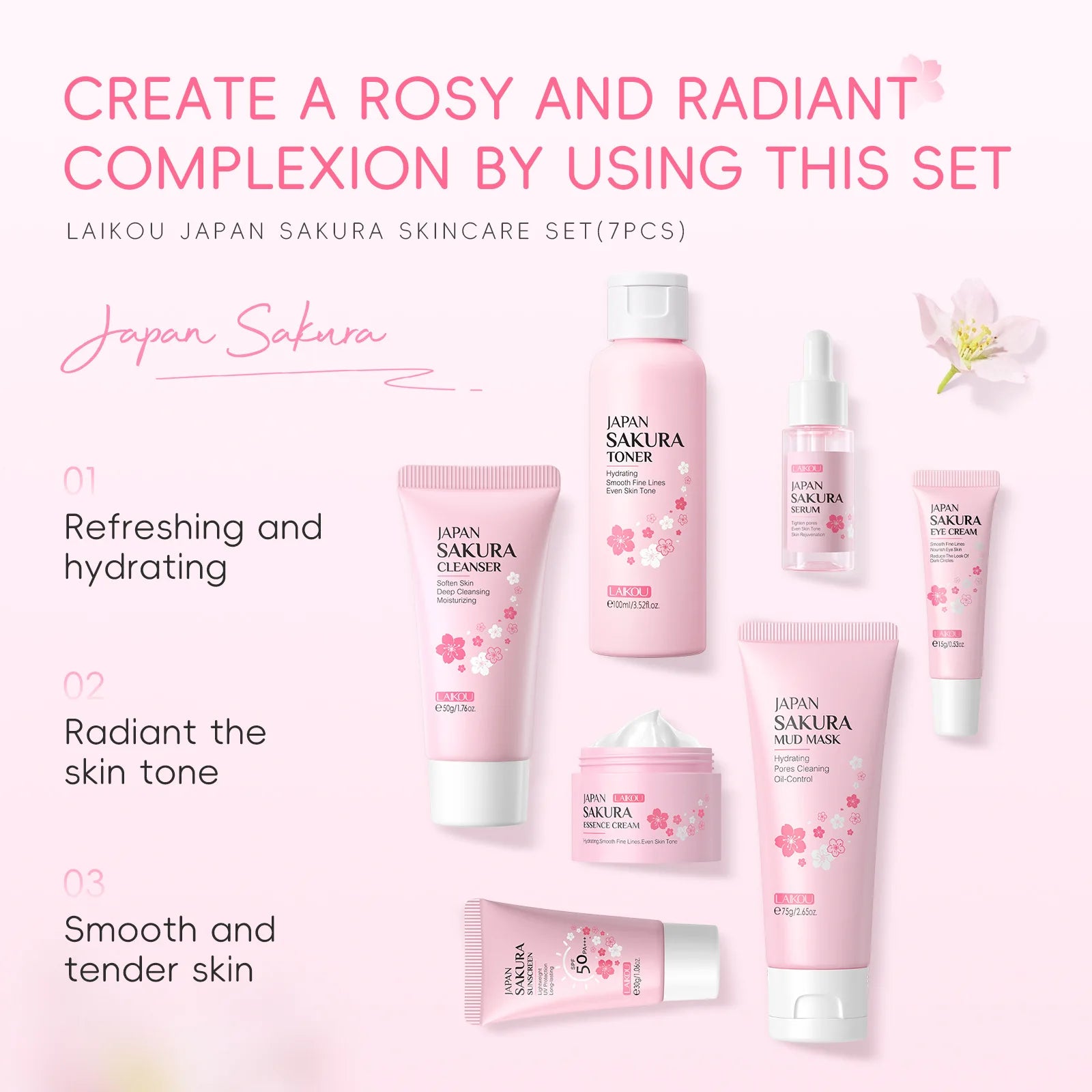 LAIKOU Sakura 7-Piece Skincare Set – Hydrate, Brighten & SPF 50