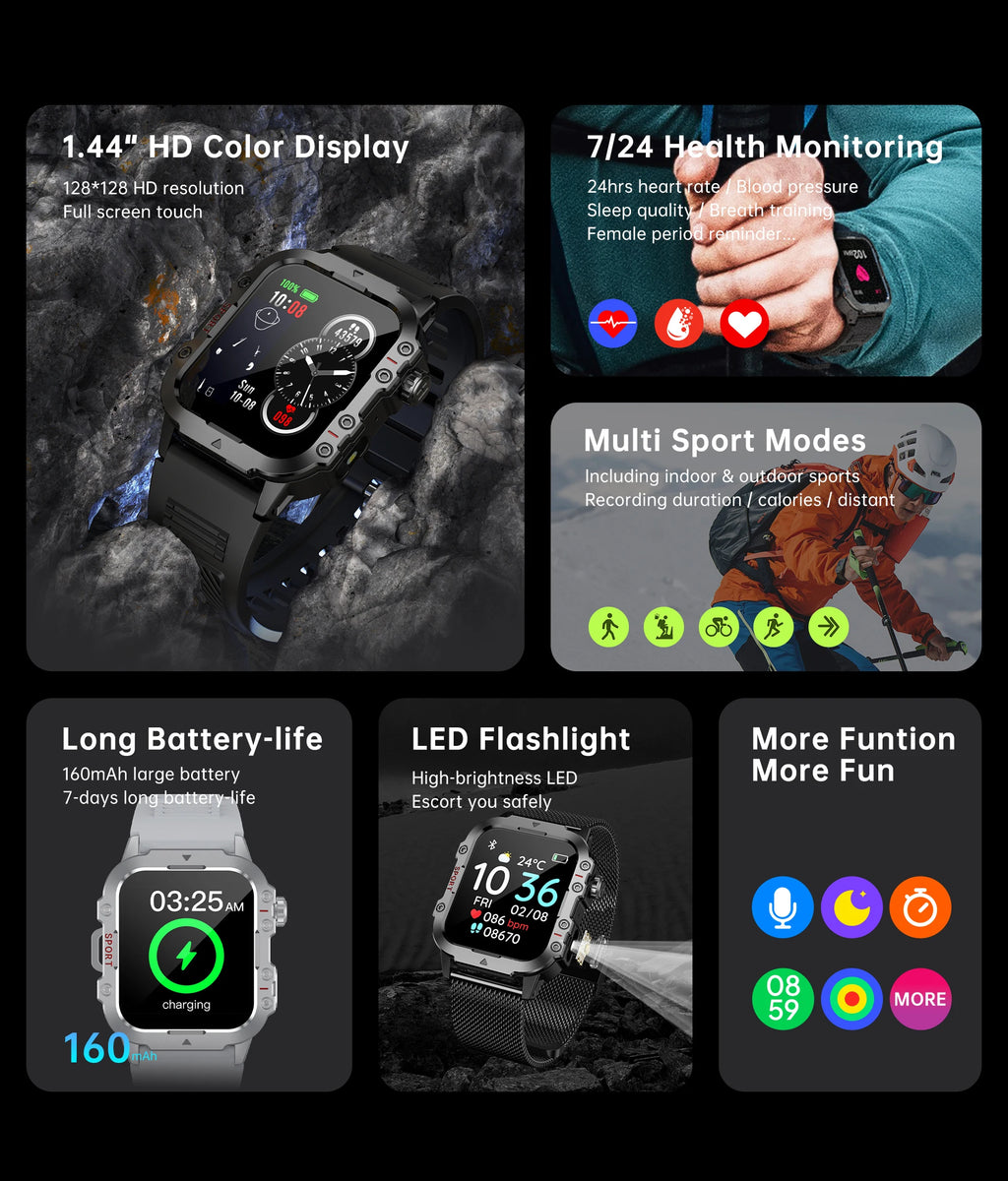 COTAUL Military Smartwatch Men – BT Call, GPS, 3ATM, 1.44"