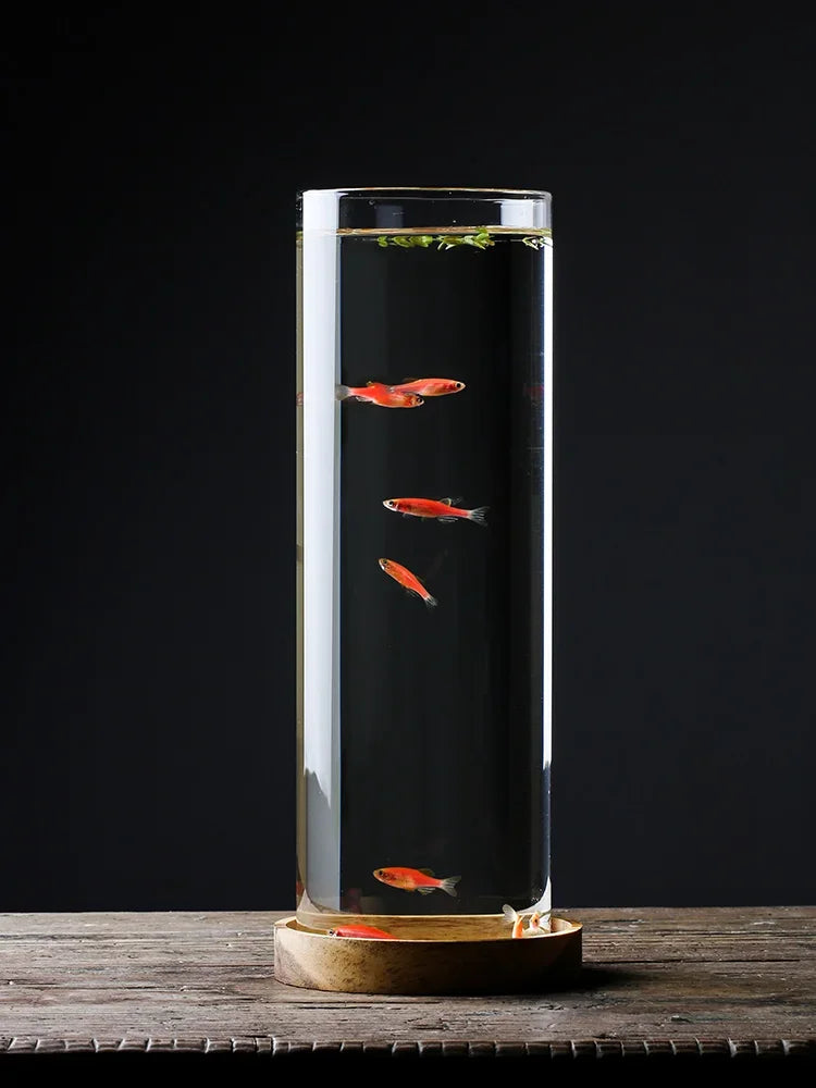 2L Micro Landscape Teahouse Tabletop Fish Tank Viewing Cylindrical Household Mini Miniature Glass Fish Tank Oasis Select
