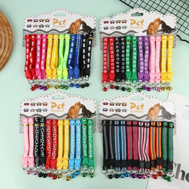 12Pcs 6 Colors Pet Cat Puppy Buckle Collar With Bell Footprint Mix Color Anti-Lost Dog Collars Pet Accessories Oasis Select