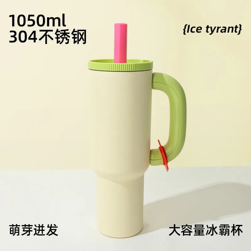 1050ml Insulated Mug with Handle and Straw Ice Cup Large Capacity Tumbler Stainless Steel Water Bottle Office Home Thermal Mug Oasis Select Green 40oz