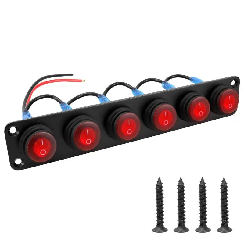 6.Vehicle 12V Waterproof Switch Panel: 1-6 Gang Rocker Toggle On-Off Switches with Red LED Light for Boat, Truck Oasis Select A6