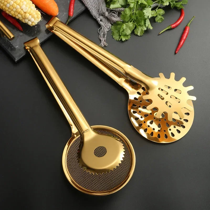 Gold Stainless Steel Food Clip Fried Food Clip Creative Steak Drain Filter with Filter Mesh Leakage Kitchen Tools Oasis Select