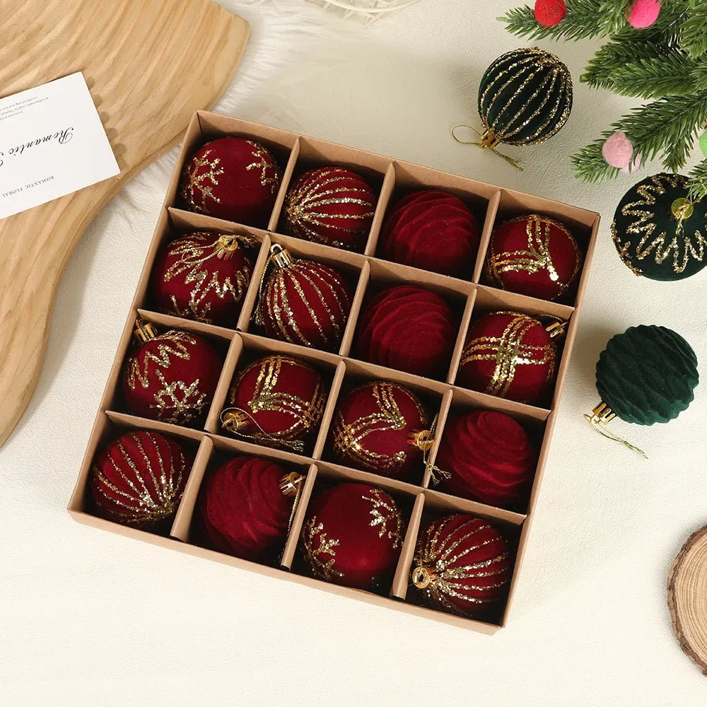 16-Pack Velvet Flocked Christmas Ball Ornaments – Red & Green 6cm