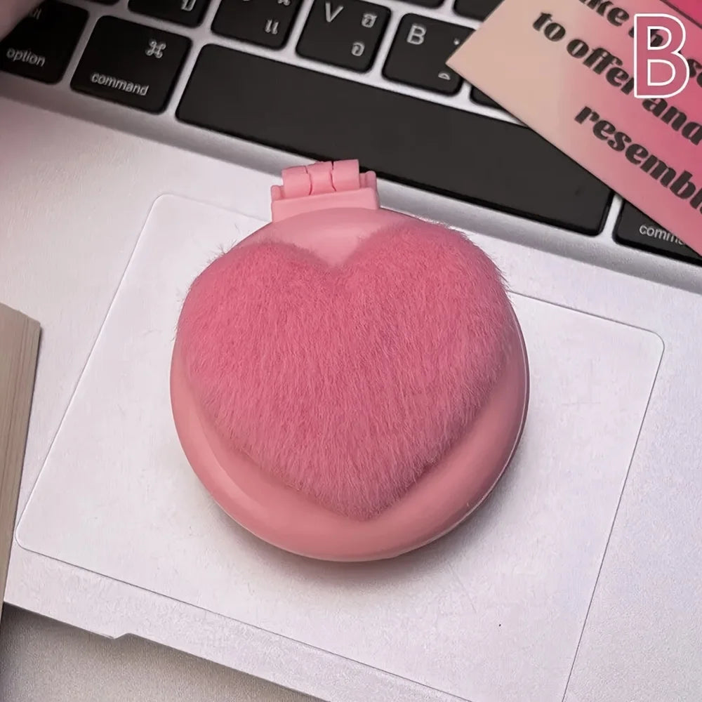 Plush Heart Mini Hair Brush & Mirror Set – Portable Pink Mini Hair Brush Set Oasis Select SZ329-Mirrorcomb