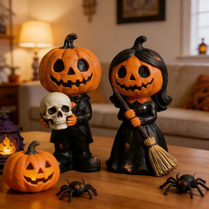 2 pieces of best-selling new Halloween pumpkin couple resin statues, broom Gothic-style statue decorative item Oasis Select 2pcs