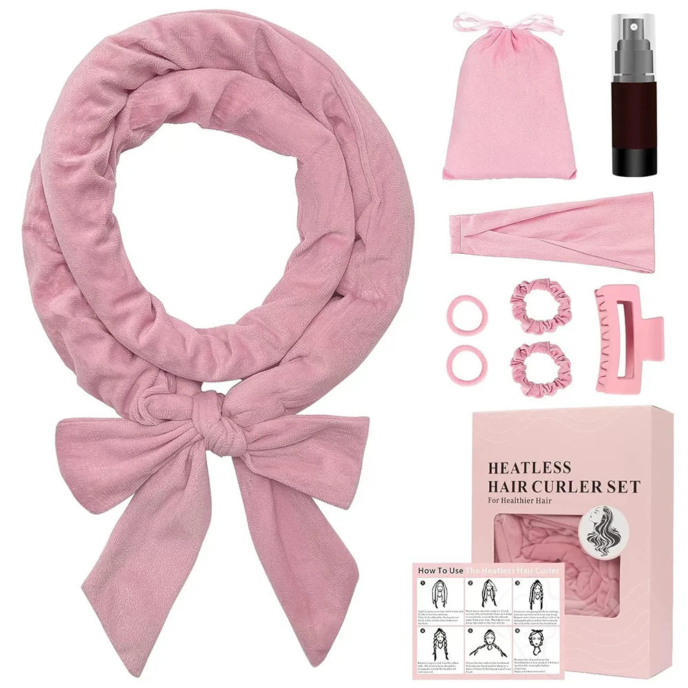 9pcs Heatless Curling Rod Headband, No Heat Silk Ribbon Rollers for Overnight Sleeping Curls, Styling Kit with Hair Clips and Sc Oasis Select Pink