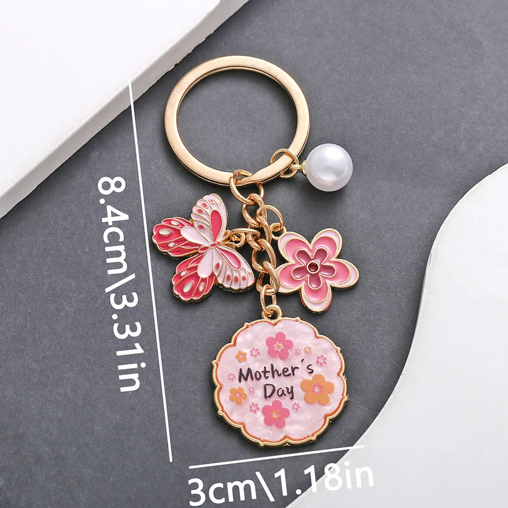 Drop Oil Pink Butterfly Flowers Pearl MOTHER'S DAY Keychain Accessory Pendant Mother's Holiday Gift Key Chains for Women Oasis Select A 8.4x3cm