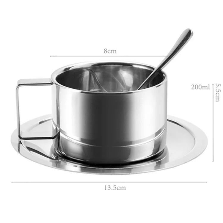 Coffee Cup Set with Spoon and Saucer, Made of 304 Stainless Steel, Double-layer Heat-insulating Mug, for Home, Cafe, Restaurant Oasis Select 200ML