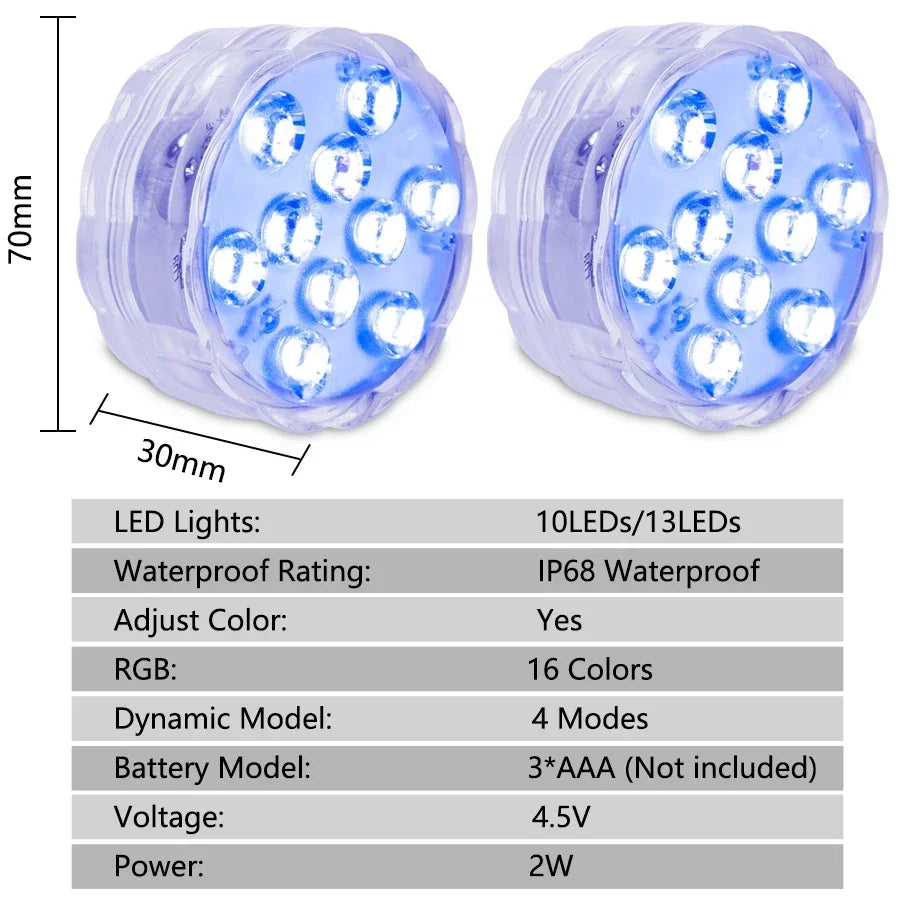 RGB Submersible LED Lights – 10 LED, IP68, Remote Control Underwater LED Light Oasis Select