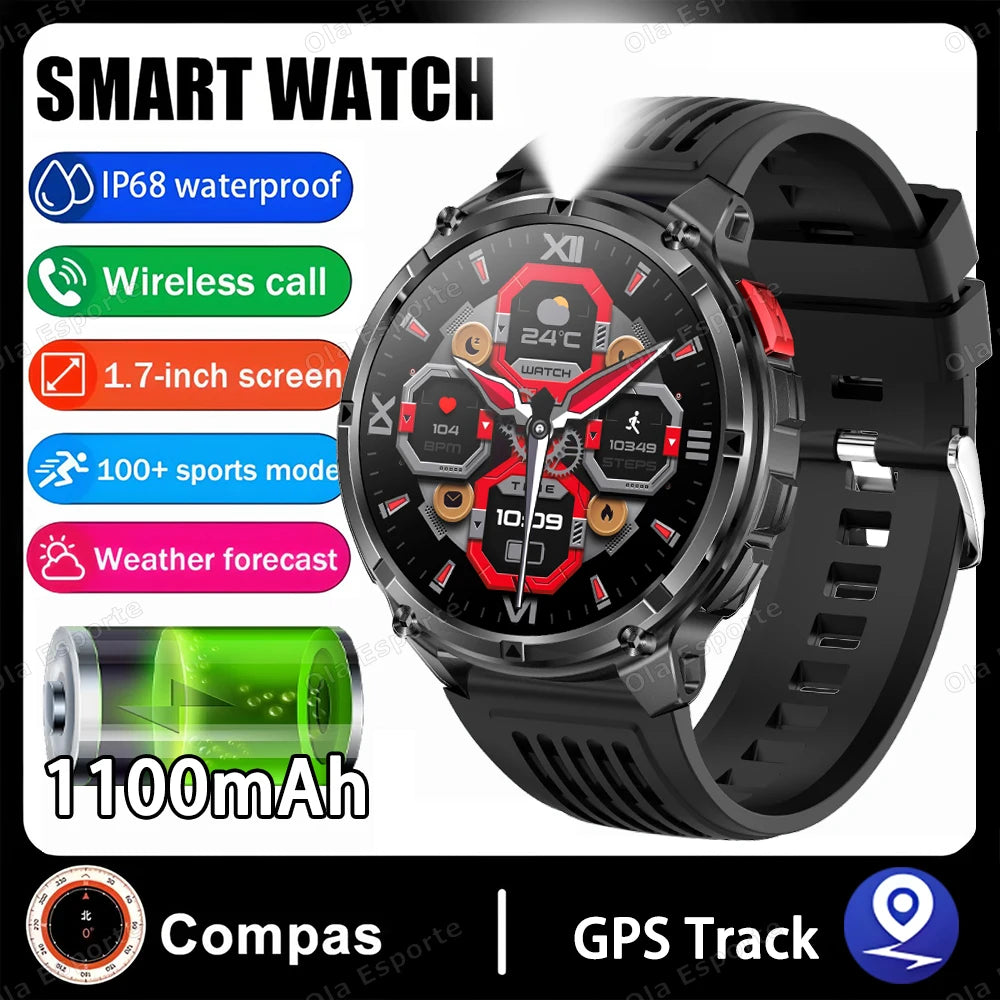 Rugged Military Smartwatch 1100mAh | Compass, Fitness & BT Calls