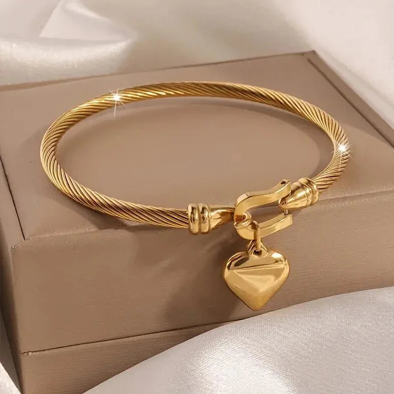Gold Color Stainless Steel Heart Pendant Charm Bangle Bracelets For Men Women Oasis Select