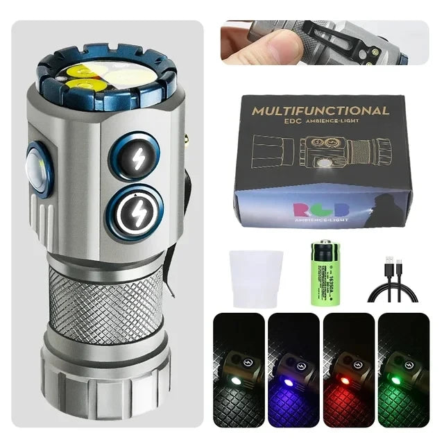 New Upgrade 3 LED Flashlight With RGB Side Lamp Type-C Rechargeable 2000 Lumens Torch Tail Magnet for Camping Hiking Lantern Oasis Select 3LED with RGB 1pc