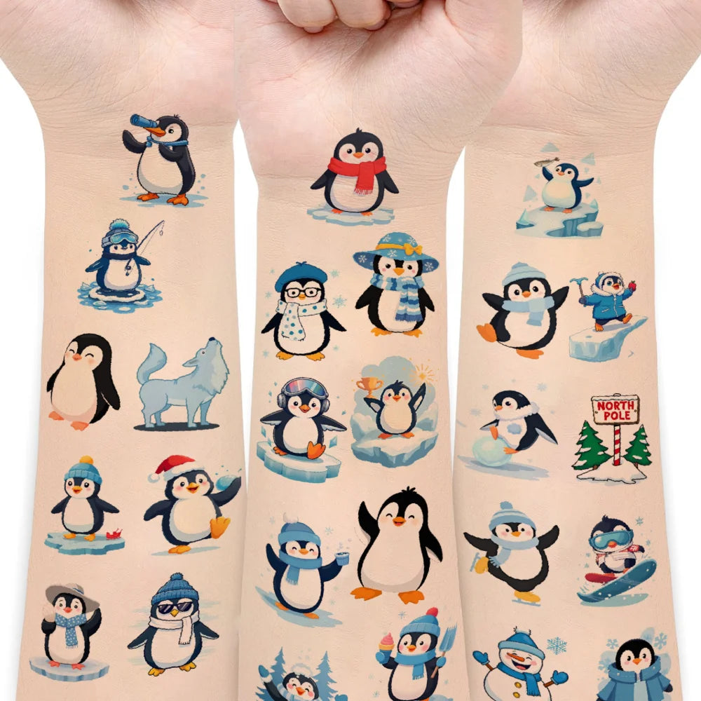 54-Piece Winter Temporary Tattoos – Penguin & Snowman Stickers