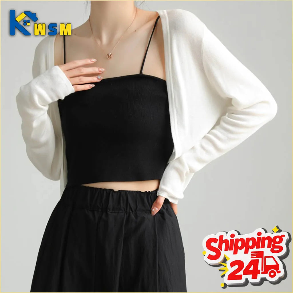 Women's Ice Silk Knit Cardigan – Open Front Crop Shrug Cover Up