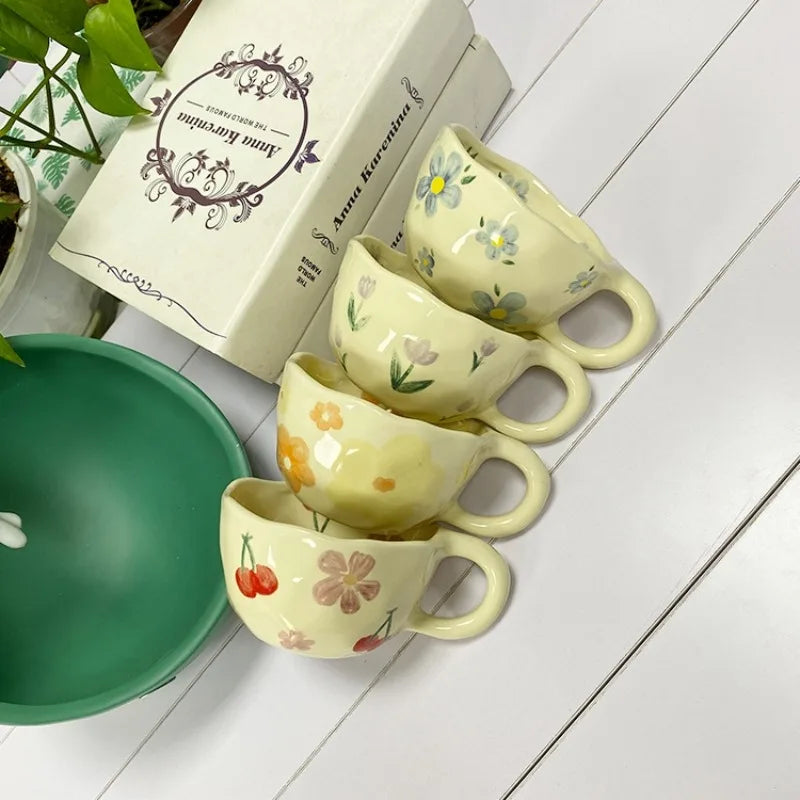 Ceramic Mugs Irregular Flower Coffee Milk Yellow Hand Pinched Cups Cute Korean Style Oat Breakfast Juice Black Tea Kawaii Cup Oasis Select