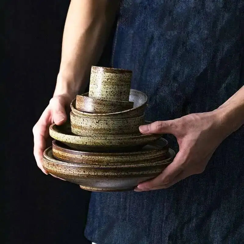 Retro Handmade Stoneware Rice Soup Bowl Tea Cup Round Steak Salad Dinner Plate Dishes Home Dining Dish Japanese Tableware Set Oasis Select