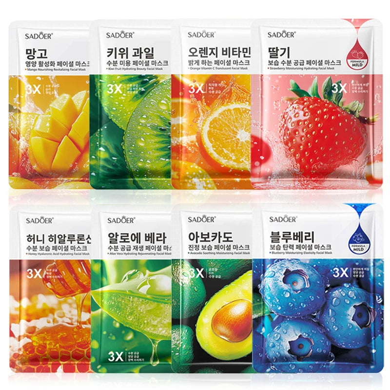 SADOER Fruit Face Mask Set 8pcs – Anti-Aging & Moisturizing Fruit Sheet Mask Set Oasis Select Each 1pcs
