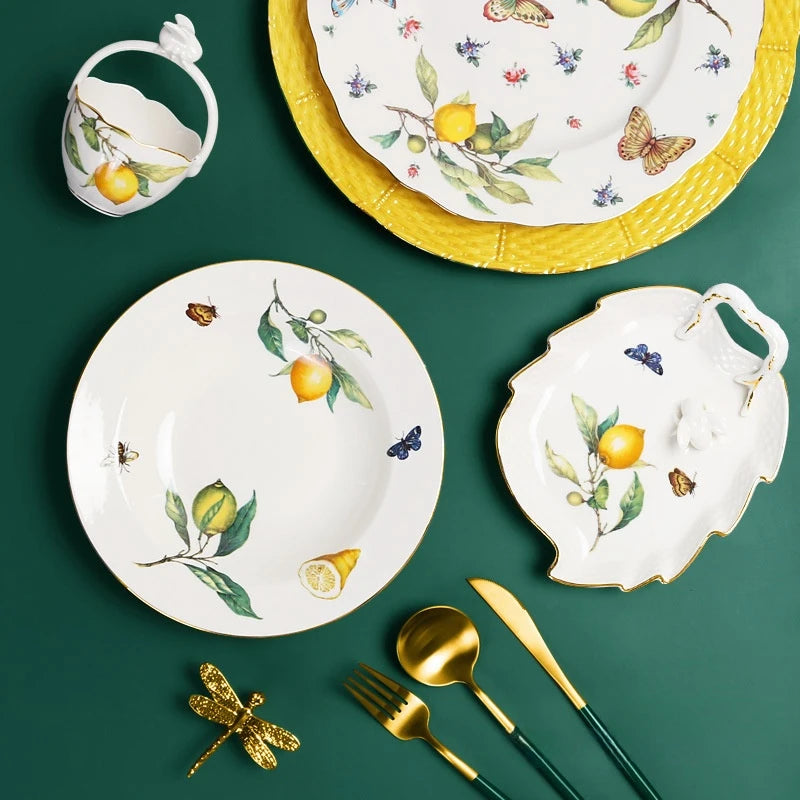 European Lemon Pattern Ceramic Dinner Steak Plate Bowl Fruit Candy Dim Sum Western Cuisine Plate Dishes Home Breakfast Plate Oasis Select