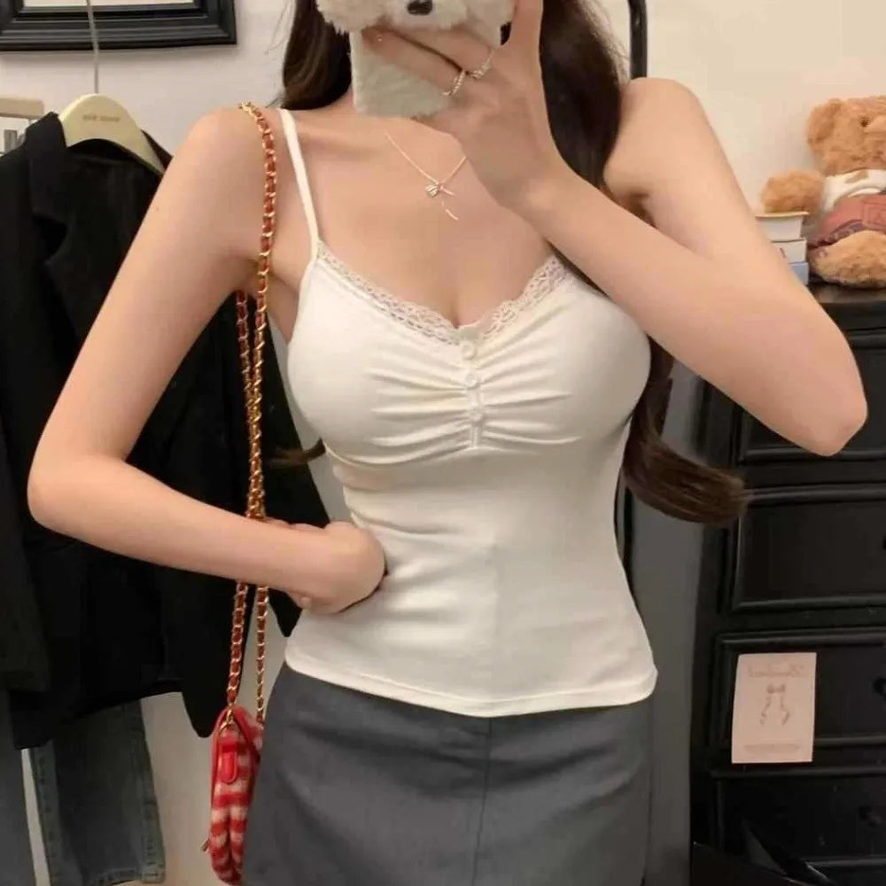 Casual Slim Fit Lace Trim Vest Short with Chest Pad V Neck Top Button Front Sleeveless Top Women Oasis Select White One Size