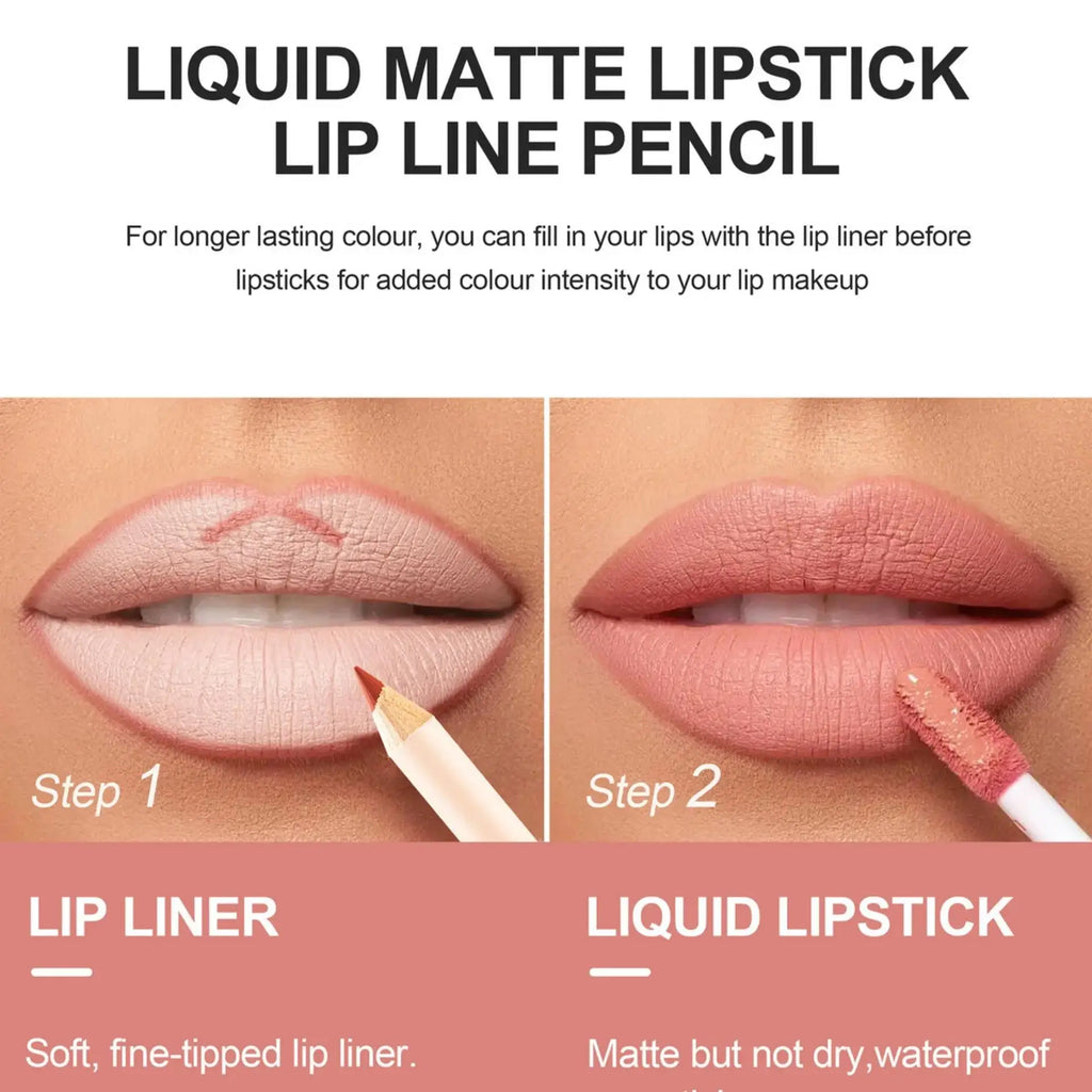 Women 2 in 1 Lipstick and Liner Set Waterproof Matte Makeup Korean Beauty Long Lasting Cosmetic Lip Kit Oasis Select