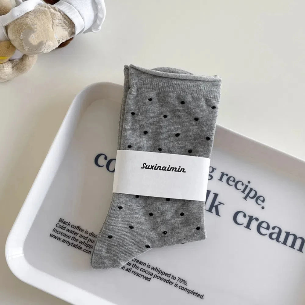 Comfortable Curled-edge Polka Dot Socks Thin Breathable Mid-Tube Socks Sweat Absorbent Women's Socks Summer Oasis Select Dark Grey One Size