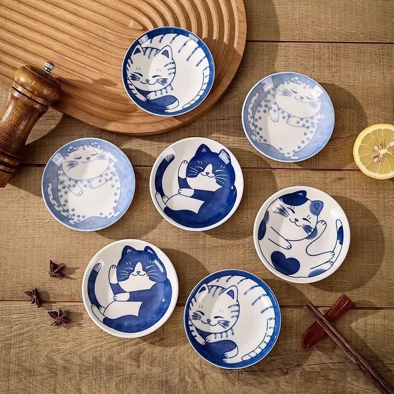 Ceramic Sauce Dishes Sushi Plate Tableware Japanese Style Dessert Creative Cute Cartoon Lucky Cat Pattern Spice Plate Oasis Select