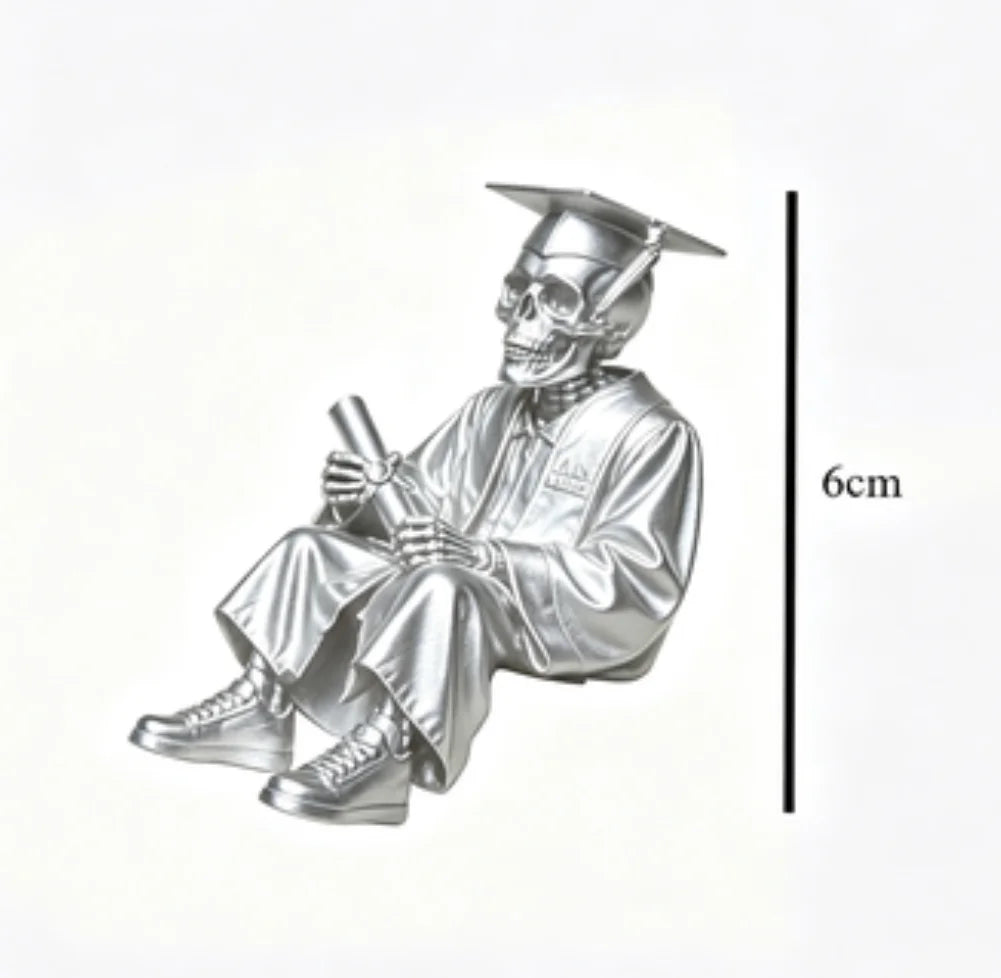 Graduate Skeleton Shelf Sitter Figurine Ornament Gothic Style Skull with Cap Diploma for Graduation Gift & Home Desk Decor Gifts Oasis Select Graduate Silver