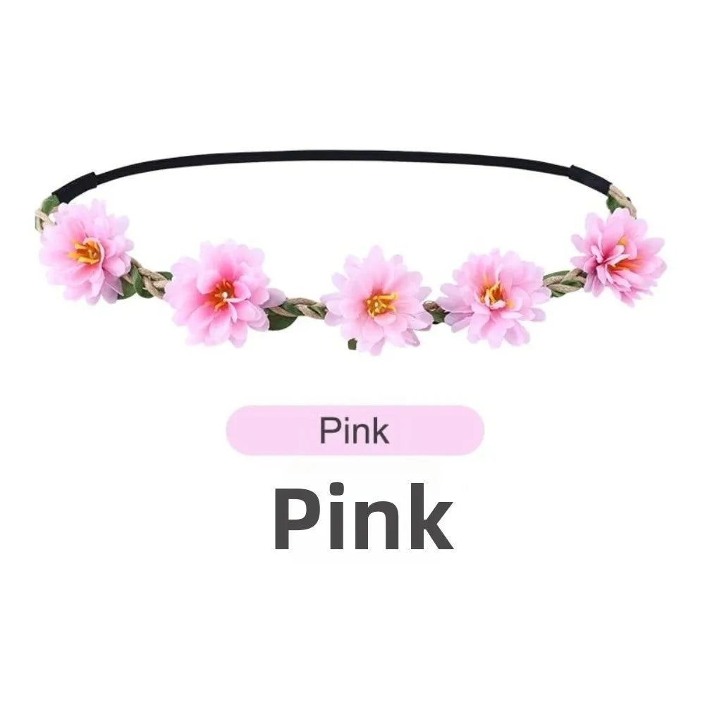 Pink Rose Floral Wreath Crown Hand Woven Adjustable Ribbon Bohemia Garland Headpiece Vintage Elegant Wedding Hair Accessories Oasis Select Pink