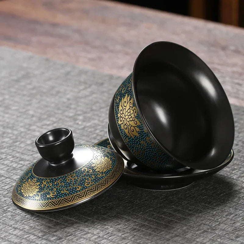 Chinese Teaset Classical Gaiwan Tea Cups Black Clay Tureen Lid Bowl Saucer Traditional Handmade Tea Brew Tea Cup Oasis Select