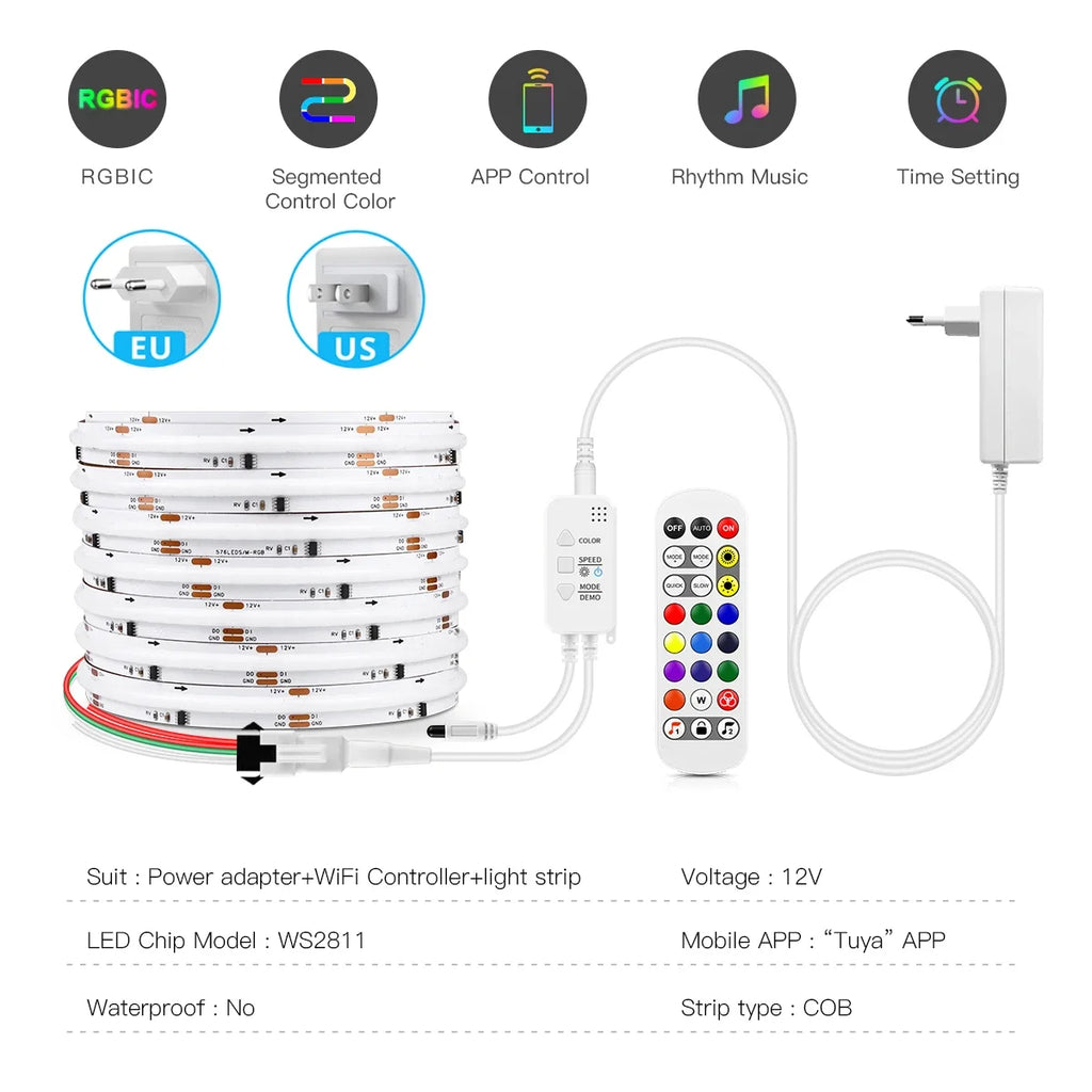 RGBIC COB LED Light Strip DC12V Flexible Tuya WIFI APP Control For Alexa Google,Addressable WS2811 for Game Room Decor Lighting Oasis Select