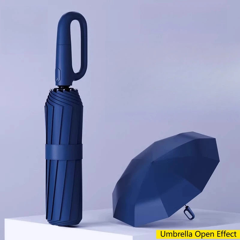 UPF50+ Auto Lock Carabiner Folding Umbrella for Backpack Quick Attach Detach Portable Outdoor Travel Umbrella Oasis Select navy blue 1Pc 8K full-fiber