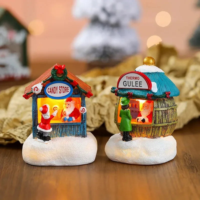 Christmas Snowman Luminous Decoration Resin Santa Claus Shop Micro Landscape Ornaments Christmas LED House Pine Needles Snow Oasis Select