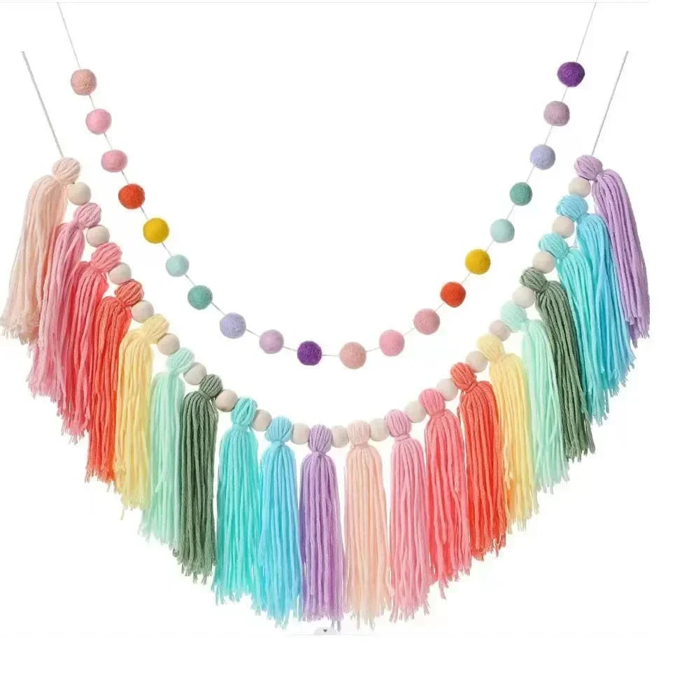Rainbow Tassel Garland Colorful Pom Garland Wood Bead Easter Spring Girls Bedroom Wall Party Birthday Baby Shower Decor Oasis Select