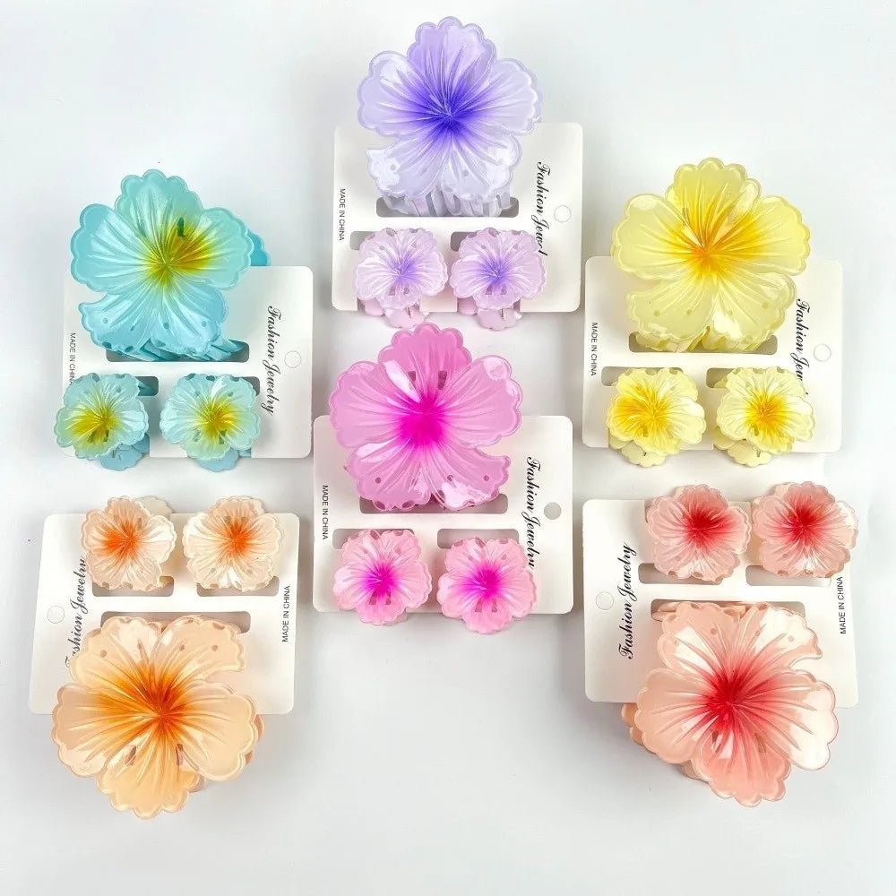3Pcs/Set Gradient Hair Claws Hibiscus Acrylic Hawaiian Flower Hair Clip Clamp Sweet Flower Ponytail Clip Summer Hair Accessories Oasis Select