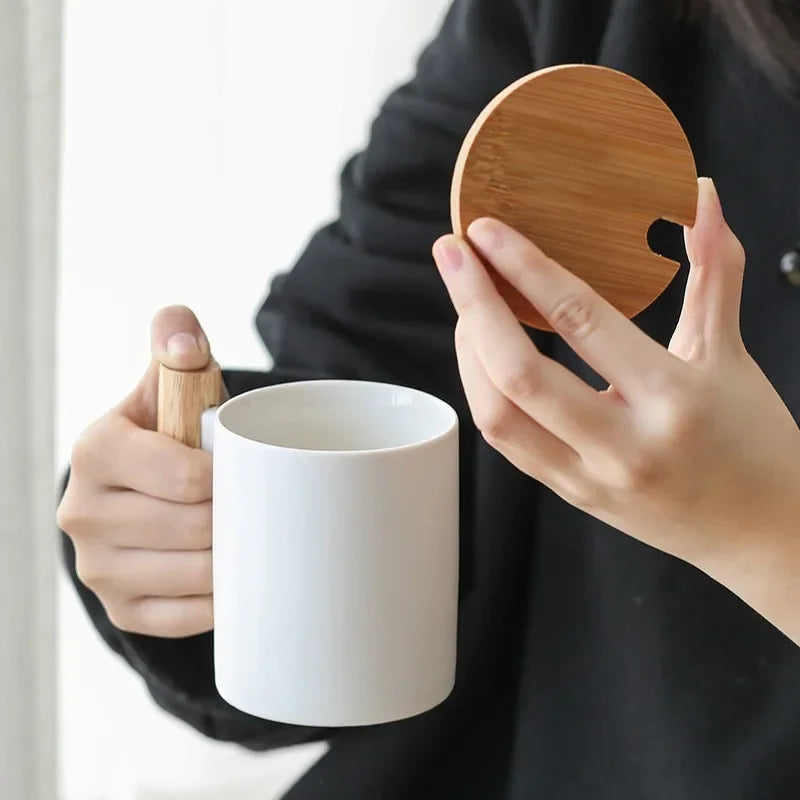 Creative 310ml Ceramic Coffee Mug with Wooden Handle & Lid Milk Cup Couple's Mug Office Kitchen Water Cup Drinkware Gift Box Set Oasis Select