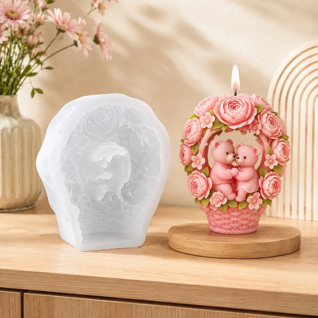 3D Hugging Bears Flower Basket Silicone Mold | Candle & Soap DIY