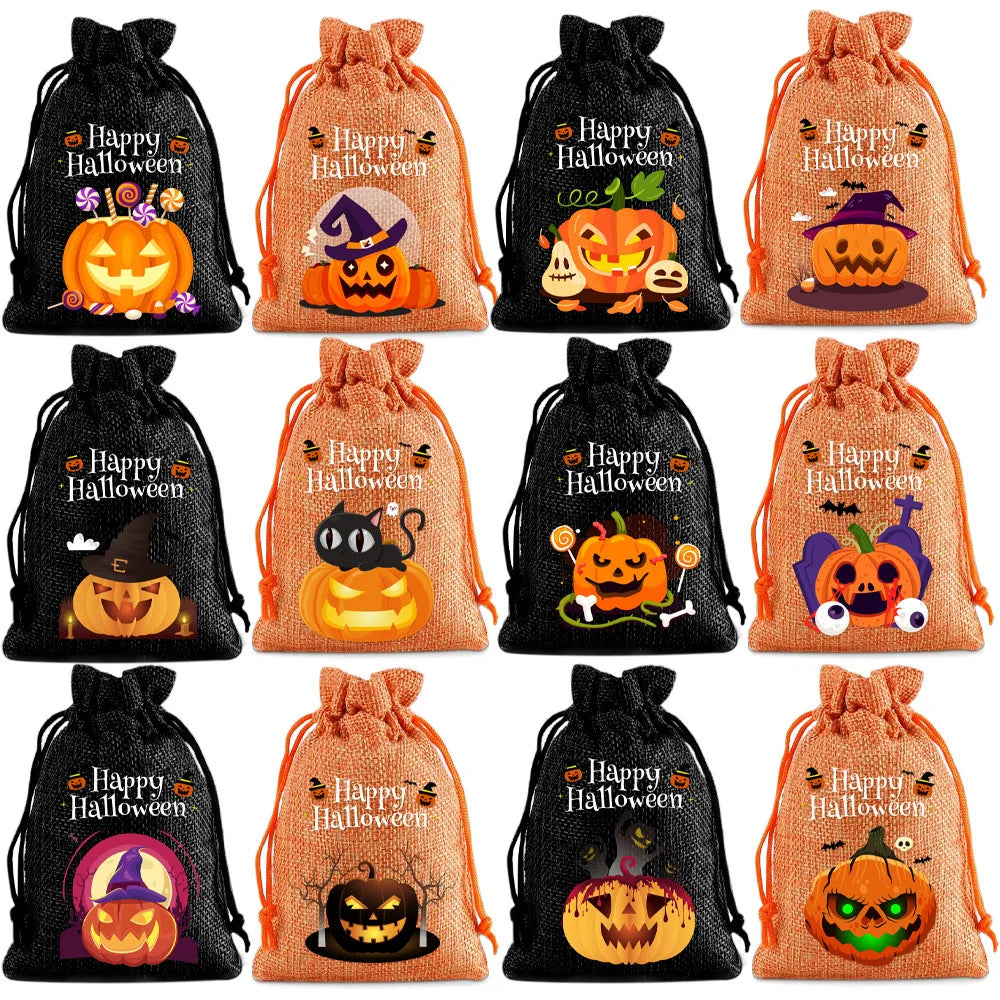 StoBag 12pcs Wholesale Halloween Linen Bag Gift Candy Packaging Drawstring Small Storage Kids Child Pouches Trick or Treat Party Oasis Select A-12PCS other