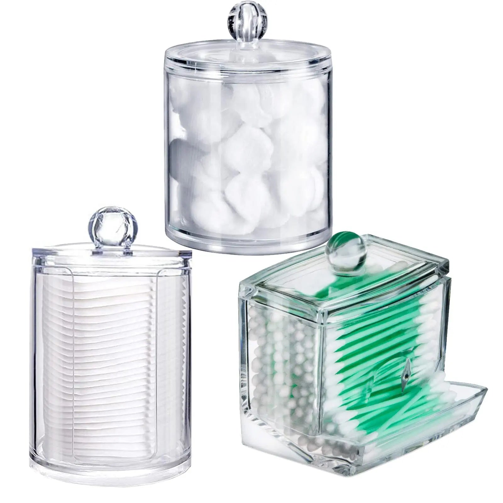 3 Pack Cotton Swab Dispenser, Holder Dispenser Set, Storage Organizer Holder with Lid for Cotton Rounds, Bath Salts Oasis Select Transparent lid