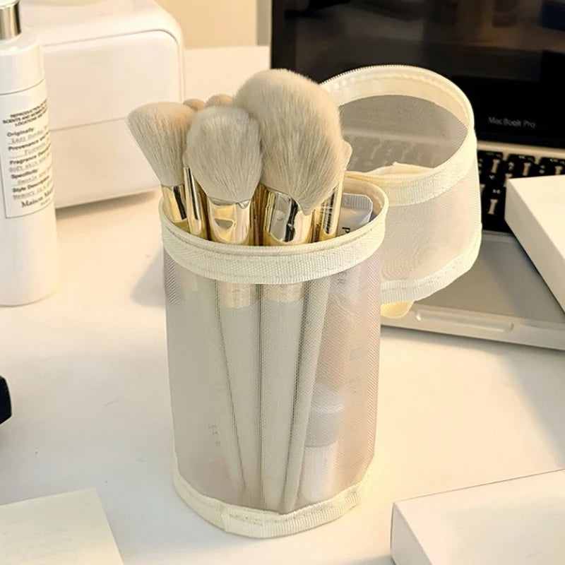 Mesh Dual-use Makeup Brush Storage Bag Portable Brush Case Simple Large Capacity Brush Bucket Holder Travel Stand-up Pouch Oasis Select